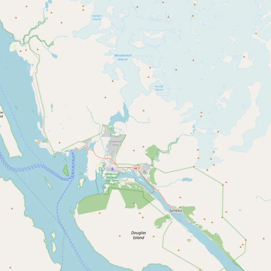 Map of Juneau from the downtown cruise docks to Auke Bay and the Mendenhall Glacier